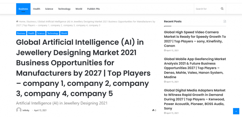 Global Artificial Intelligence (AI) in Jewellery Designing Market 2021 Business Opportunities for Manufacturers by 2027 | Top Players â€“ company 1, company 2, company 3, company 4, company 5